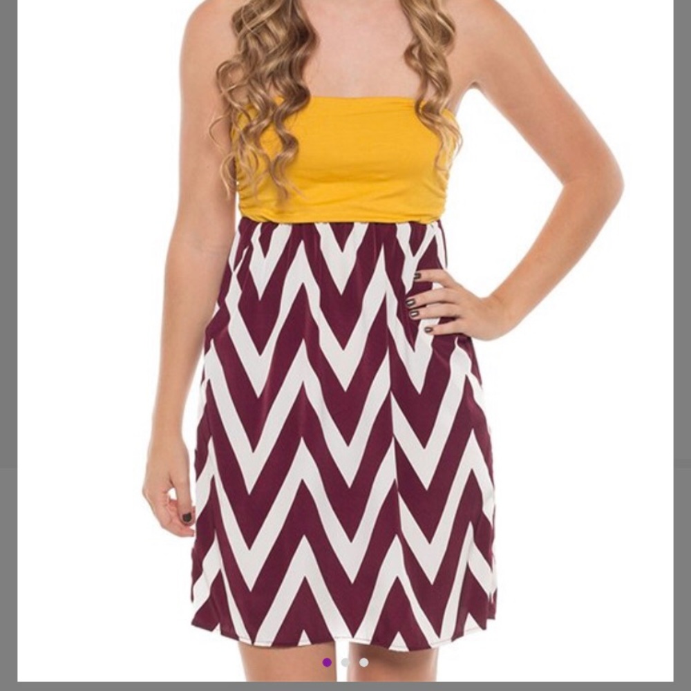 Gold and Burgundy Chevron strapless dress